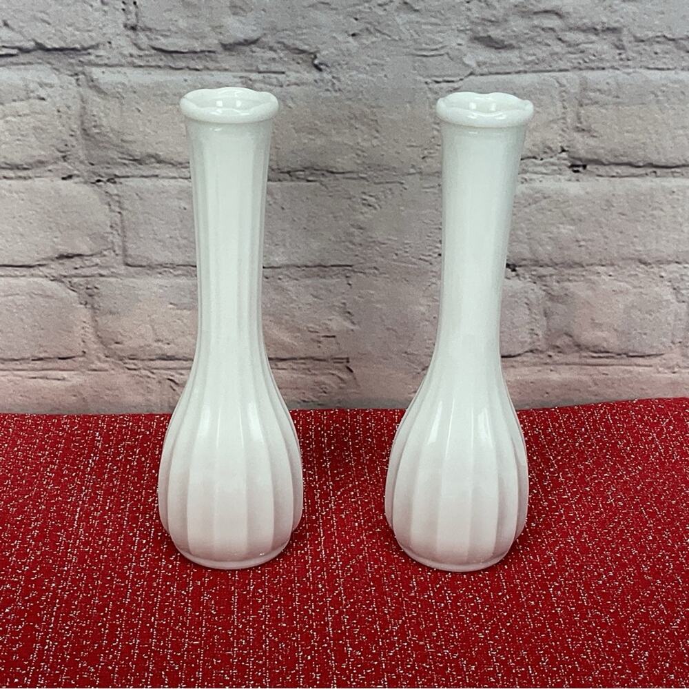 Vintage Milk Glass Bud Vase Set of 2 White Swirl Fluted Decor 9"